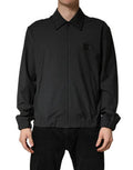 Black Wool Logo Full Zip Men Bomber Jacket Virgin Nylon Clothing