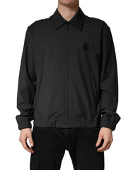 Black Wool Logo Full Zip Men Bomber Jacket Virgin Nylon Clothing