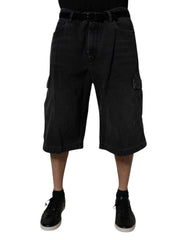 Men's Black Mid Waist Denim Cargo Bermuda Shorts Cotton