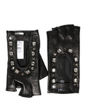 Women Black Embellished Wrist Length Mitten Gloves Lamb Leather