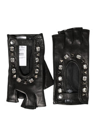 Women Black Embellished Wrist Length Mitten Gloves Lamb Leather