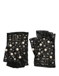Women's Black Pearl Embellished Wrist Length Gloves Lamb Leather