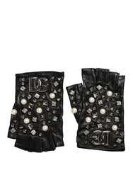 Women's Black Pearl Embellished Wrist Length Gloves Lamb Leather