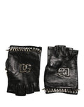 Women Black Embellished Wrist Length Mitten Gloves Genuine Leather