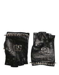 Women Black Embellished Wrist Length Mitten Gloves Genuine Leather
