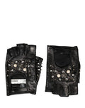 Black Embellished Wrist Length Mitten Women Gloves Genuine Leather