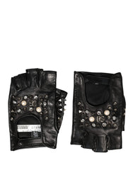 Black Embellished Wrist Length Mitten Women Gloves Genuine Leather