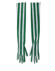 Green White Stripes Nylon Elbow Length Women Gloves Elastane