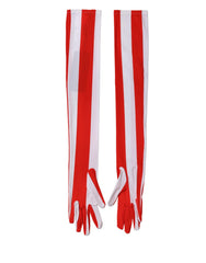 Red White Stripes Nylon Elbow Length Women Gloves And Elastane