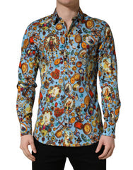 Men's Blue Cotton Jewel Print Button Down Gold Shirt