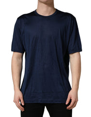 Men's Dark Blue Silk Short Sleeve Crewneck T-Shirt