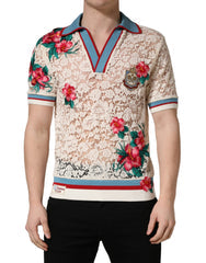 Men's Floral Lace Polo Beige Cotton Nylon Viscose