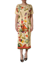 Women's Beige Fruit Polkadot Sheath Silk Midi Dress Elastane