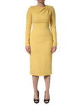 Women's Yellow Silk Long Sleeves Sheath Midi Dress Cotton Elastane