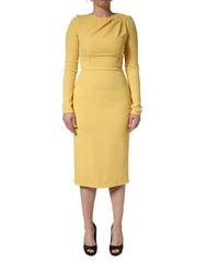 Women's Yellow Silk Long Sleeves Sheath Midi Dress Cotton Elastane