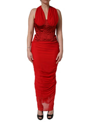 Women's Red Halter Corset Sleeveless Sheath Dress Nylon Acetate Elastane