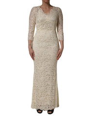 Women's Off White Floral Lace Sheath Maxi Dress Cotton Nylon