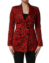 Women's Red Leopard Double Breasted Coat Jacket Polyester Elastane Clothing