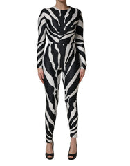 Women's Black White Polyester Zebra Pattern Jumpsuit And Elastane