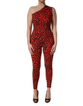Women's Black Red Nylon Leopard Pattern Jumpsuit And Elastane