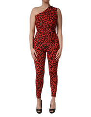 Women's Black Red Nylon Leopard Pattern Jumpsuit And Elastane