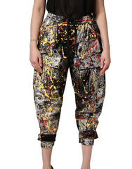 Women's Black Colorsplash Effect Cargo Cropped Pants Nylon Silk Elastane