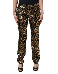 Women's Gold Leopard Sequined Trousers Polyester Silk
