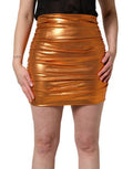 Women's Metallic Orange Ruched Lame Bodycon Mini Skirt Polyester Elastane
