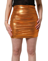 Women's Metallic Orange Ruched Lame Bodycon Mini Skirt Polyester Elastane