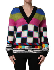 Women's Multicolor Striped & Checkered Sweater Nylon Mohair Wool