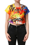 Women's Multicolor Graffiti Crystals Crop Jersey Top Cotton