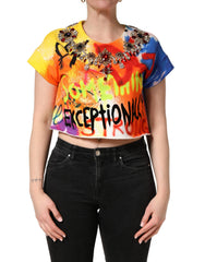 Women's Multicolor Graffiti Crystals Crop Jersey Top Cotton
