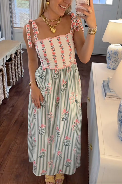 Tie Shoulder Back Lace-up Striped Floral Maxi Cami Dress