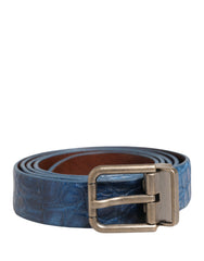 Men's Navy Blue Leather Gold Tone Metal Buckle Belt Caiman