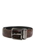 Men's Brown Leather Silver Tone Metal Buckle Belt Caiman