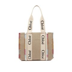 Women's Linen With Logo-Printed Ribbon Tote Beige Cotton Canvas