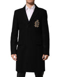 Men's Black Heraldic Patch Single Breasted Blazer Jacket Nylon Virgin Wool Clothing