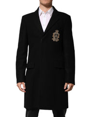 Men's Black Heraldic Patch Single Breasted Blazer Jacket Nylon Virgin Wool Clothing