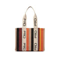 Women's Signature Logo Striped Linen Tote Beige With Leather