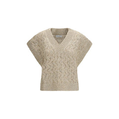 Women's Beige Silk Sleeveles Sweater Clothing