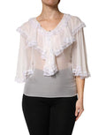 Women's White Longsleeve Lace Trim Ruffled Blouse Top Nylon Silk Viscose