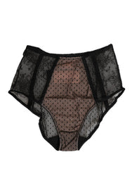Women's Black Sheer Polka Dot Lace High Waist Brief Underwear Nylon Viscose Clothing