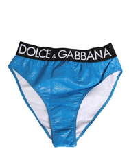 Women's Blue Logo Waistband High Waist Brief Underwear Cotton Polyurethane Clothing