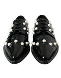 Women's Black Leather Faux Pearl Dress Brogue Shoes Calf Goat