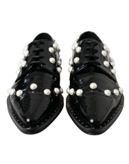 Women's Black Leather Faux Pearl Dress Brogue Shoes Calf Goat