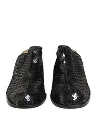 Women's Black Sequined Mules Shoes Leather