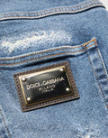 Men's Blue Cotton Distressed Denim Bermuda Shorts Elastane
