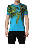 Men's Blue Palm Tree Print Cotton Crewneck T-Shirt