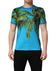 Men's Blue Palm Tree Print Cotton Crewneck T-Shirt