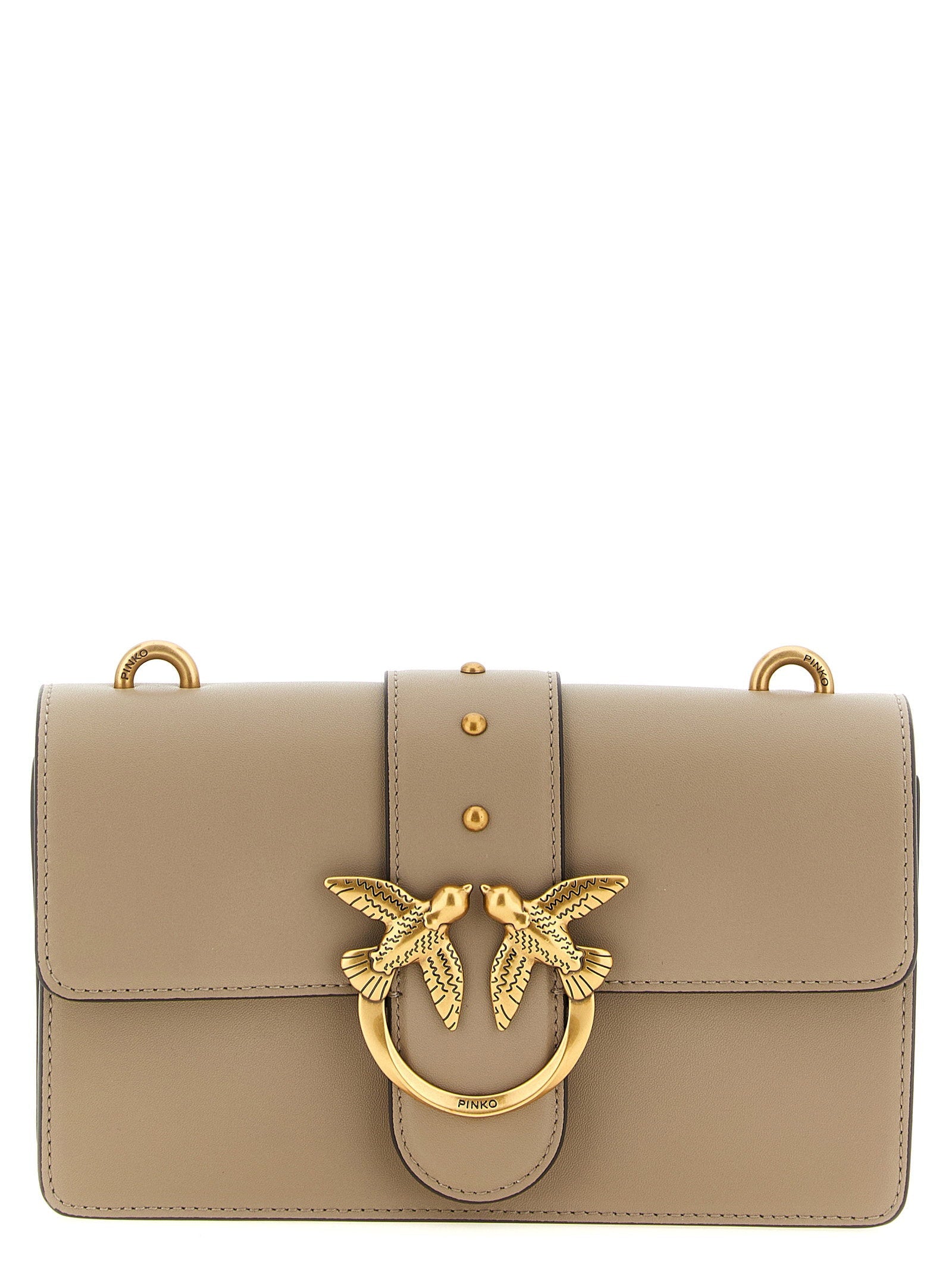 Pinko Love Birds Metal Buckle Shoulder Bag — Beige